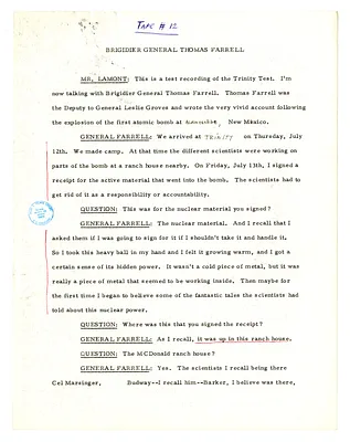 Transcript of Lansing Lamont Interview with Brigadier General Thomas Farrell of Los Alamos Laboratory (Tape 12)