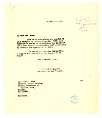Telegram from Mrs. John A. Kirk to President Harry S. Truman with a Reply from William D. Hassett
