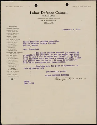 George Maurer (Labor Defense Council) to Sacco-Vanzetti Defense Committee, Chicago. Ill., November 4, 1922