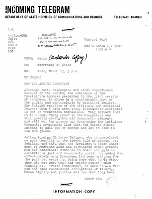 Telegram from Jefferson Caffery to Secretary of State George Marshall