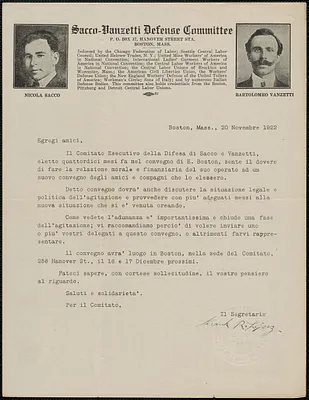 Frank R. Lopez (Sacco-Vanzetti Defense Committee) typed letter (circular), in Italian, Boston, Mass., November 20, 1922