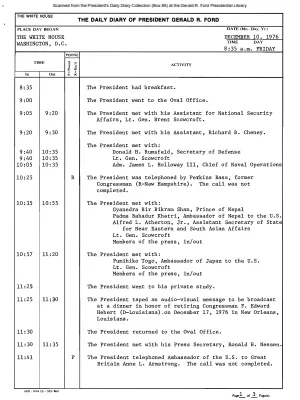 President Gerald R. Ford's Daily Diary, December 10, 1976