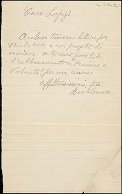 Bartolomeo Vanzetti autographed note signed to [Frank R.] Lopez, [Charlestown, 10 February 1924]