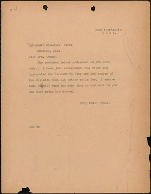 [Fred H. Moore] typed note (copy) to Elizabeth Glendower Evans, [Boston, Mass.], June 13, 1924