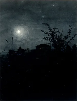 Hawthorn Trees in front of a Nocturnal Landscape with Houses in the Background