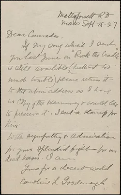 Caroline L. Goodleigh autograph letter signed to Sacco-Vanzetti Defense Committee, Mattapoisett, Mass., September 18, 1927