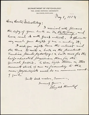 Dunlap, Knight, 1875-1949 autograph letter signed to Hugo Münsterberg, Baltimore, 1 May 1916