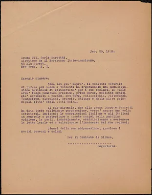 Sacco-Vanzetti Defense Committee typed letter (copy), in Italian, to Carlo Barsotti (Il Progresso Italo-Americano), Boston, Mass., February 25, 1925