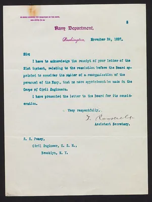 Letter from Theodore Roosevelt, Assistant Secretary of the Navy, to Robert E. Peary, Civil Engineer