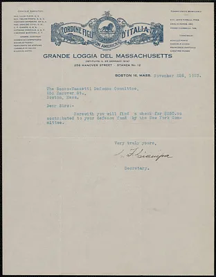 C. F. Ciampa (Ordine Figli D'Italia,Grande Loggia del Massachusetts) typed letter signed to Sacco-Vanzetti Defense Committee, Boston, Mass., November 22, 1923