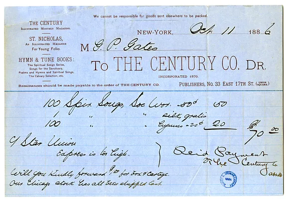 Bill and Receipt from The Century Company to George P. Gates