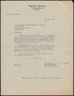 Harold Russell typed letter signed to Sacco-Vanzetti Defense Committee, Minneapolis, Minn., July 22, 1927