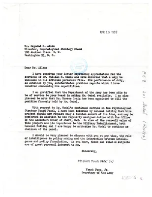 Letter from Frank Pace, Jr., to Dr. Raymond B. Allen re William H. Godel