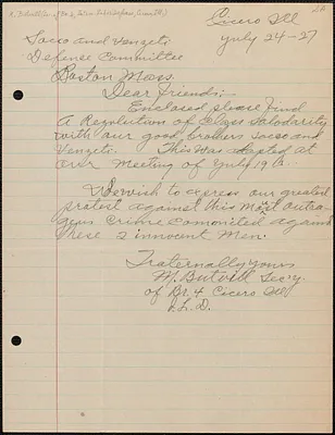 M. Butvill (International Labor Defense) autograph letter signed to Sacco-Vanzetti Defense Committee, Cicero, Ill., July 24, 1927