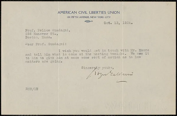 Roger N. Baldwin (American Civil Liberties Union) typed note signed to Felice Guadagni, New York, N.Y., October 13, 1924