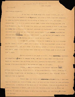 Bartolomeo Vanzetti typed letter (copy) to Alice Stone Blackwell, [Bridgewater Hospital for Criminally Insane], 17 February 1925