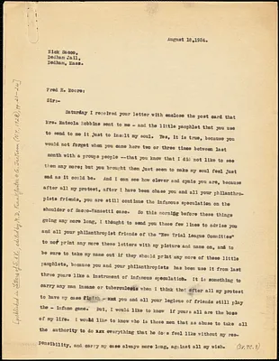 Nicola Sacco typed letter (copy) to Fred Moore, [Dedham], 18 August 1924