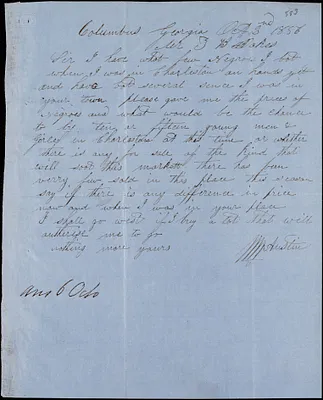 W. W. Austin, Columbus, Ga., autograph note signed to Ziba B. Oakes, 2 October 1856