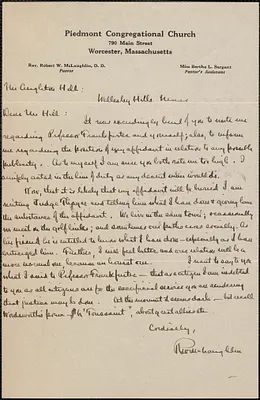 Robert W. McLaughlin (Piedmont Congregational Church) autograph letter signed to Creighton [J.] Hill, Wellesley Hills, Mass., [1927?]