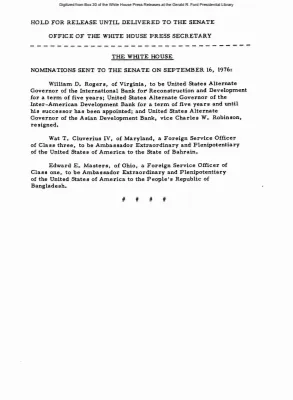 Nominations sent to the Senate on September 16, 1976 [Position Appointments and Resignations]