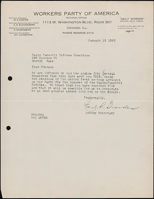 Earl R. Browder (Workers Party of America) typed note signed to Sacco-Vanzetti Defense Committee, Chicago, Ill., January 15, 1925