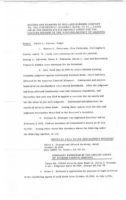 Legal Record and Remarks re Holland Banking Company vs. the Continental National Bank et al., Cause 1481 in the United States District Court for the Western Division of the Western District of Missouri