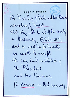 Invitation Reply, Secretary of State and Mrs. Dean Acheson to the White House Social Office