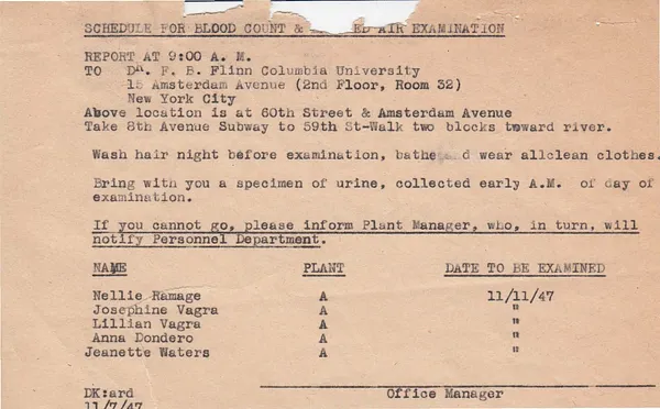 Memorandum to Nellie Ramage, Josephine Vagra, Lillian Vagra, Anna Dondero, Jeanette Waters, November 7, 1947
