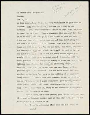 James, William, 1842-1910 typed letter signed to Hugo Münsterberg, Firenze, Italy, 5 October 1892