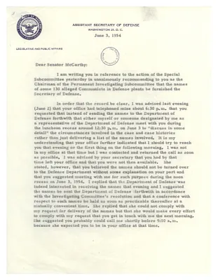 Letter, Assistant Secretary of Defense Fred Seaton to Senator Joseph McCarthy Regarding Accusations of Communists Working in Defense Facilities