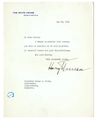 Letter from Harry S. Truman to Edgar Hinde