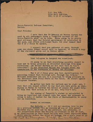 John Nicholas Beffel typed letter signed to Sacco-Vanzetti Defense Committee, New York, N.Y., August 15, 1927