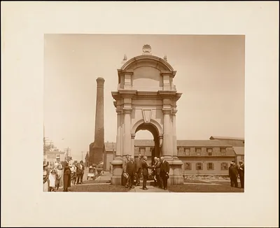 Plymouth Tercentenary celebration, June 24, 1920, A. N. Holley from Plymouth, England, shaking hands with Selectman William T. Eldridge in front of Plymouth Rock