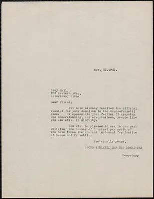 Sacco-Vanzetti Defense Committee typed letter (copy) to Lucy Hall, Boston, Mass., November 29, 1926