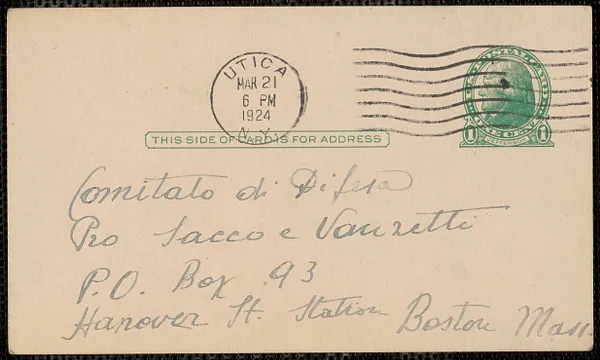 G. Sabella autograph note signed (postcard), in Italian, to Sacco-Vanzetti Defense Committee, Utica, N.Y, March 21, 1924