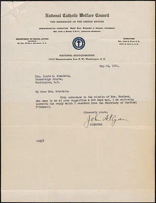 John A. Ryan (National Catholic Welfare Council) typed note to Mrs. Louis D. Brandeis, Washington, D. C., May 24, 1921
