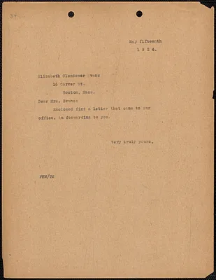 [Fred H. Moore] typed note (copy) to Elizabeth Glendower Evans, [Boston, Mass.], May 15, 1924