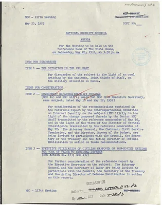 Agenda of the One Hundred and Seventeenth Meeting of the National Security Council