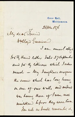 Letter from Joseph Cooper, Essex Hall, Walthamstow, [England], to William Lloyd Garrison, 23 / 10 m[onth] 1876