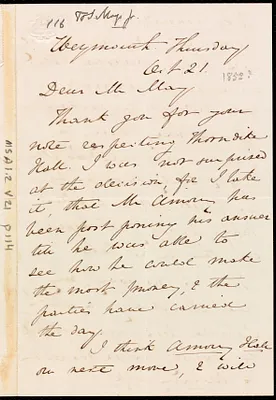 Letter from Anne Warren Weston, Weymouth, [Mass.], to Samuel May, Oct. 21, [1852?]