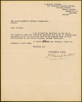 D. Raymond Jenkins typed note signed to Sacco-Vanzetti Defense Committee, London, England, April 26, 1927