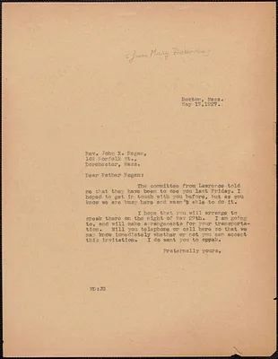 Mary Donovan (Sacco-Vanzetti Defense Committee) typed letter (copy) to Rev. John X. Regan, Boston, Mass., May 17, 1927