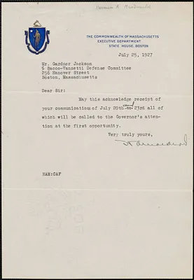 Herman A. MacDonald (Executive Department. Commonwealth of Massachusetts) typed letter signed to Gardner Jackson, Boston, Mass., July 25, 1927