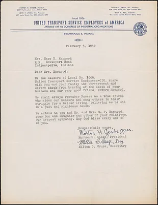 Morton H. Goode (United Transport Service Employees of America) typed letter signed. to Mary D[onovan] Hapgood, Indianapolis, Ind., February 5, 1949