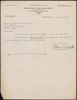 Oliver E. Carruth (International Labor News Service) typed note to Sacco-Vanzetti Defense Committee, Washington, D.C., April 18, 1927