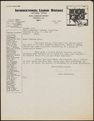 Rose Karsner (International Labor Defense) typed letter signed to Joseph Moro, Chicago, Ill., June 16, 1927