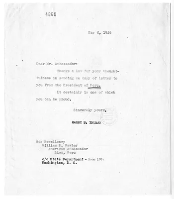 Correspondence Between President Harry S. Truman and Ambassador William Pawley, with Attachment