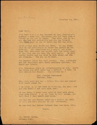 Elizabeth Glendower Evans typed letter (copy) to Nicola Sacco, [Boston?], 18 November 1926