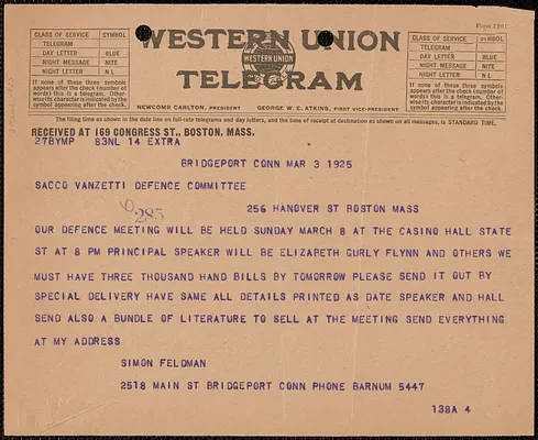 Simon Feldman telegram to Sacco-Vanzetti Defense Committee, Bridgeport, Conn., March 3, 1925