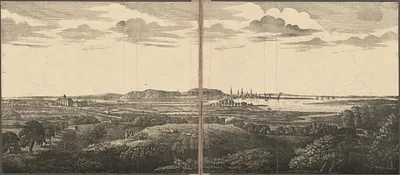 View of Boston taken on the road leading to Dorchester showing the Governor Shirley mansion